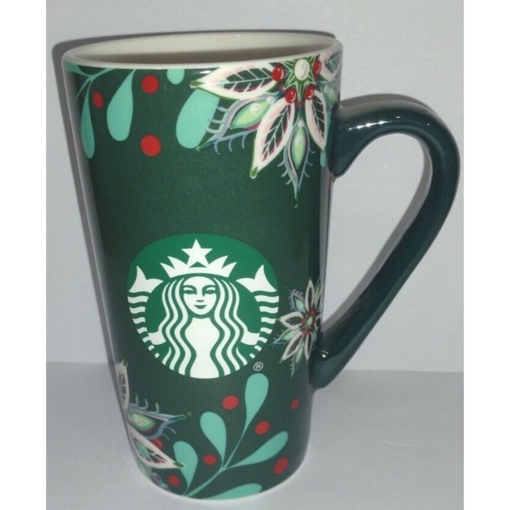 Starbucks 2020 16 oz Green Coffee Mug Holiday Christmas Poinsettia Red Berries